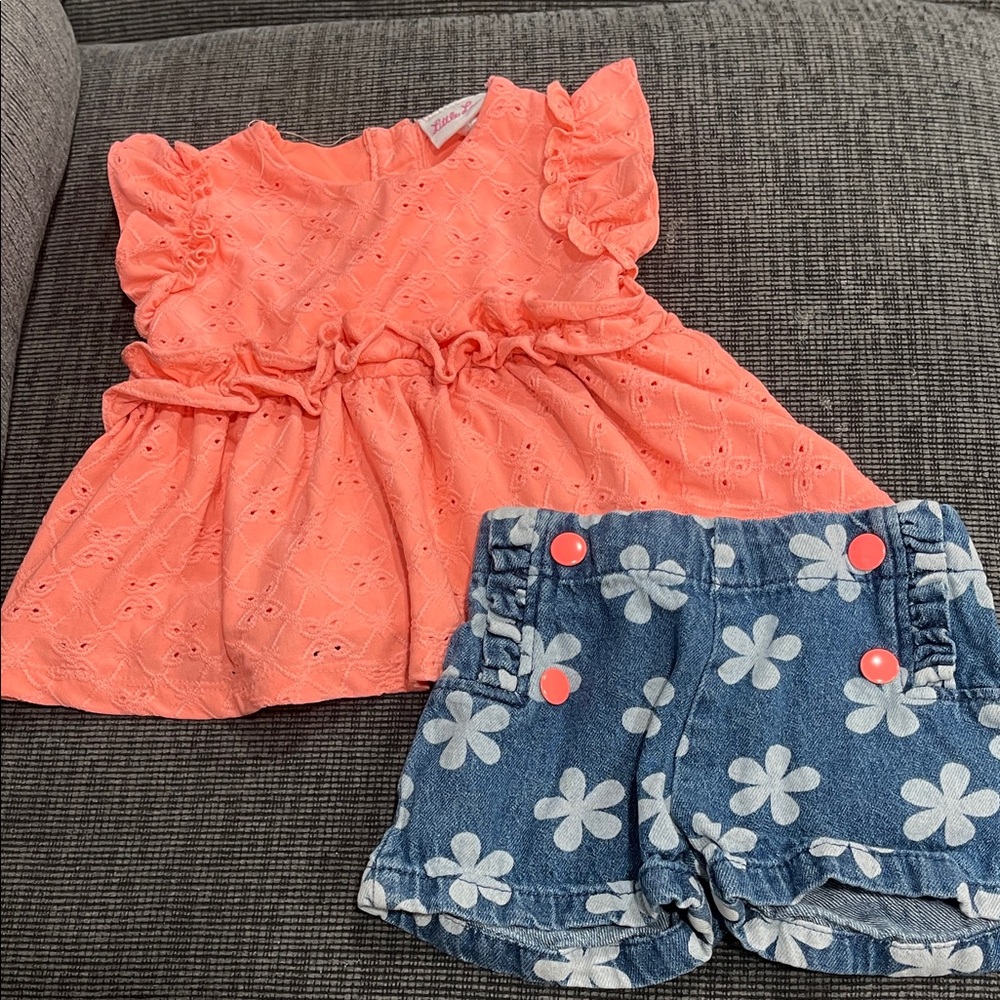 Coral Eyelet Top and Floral Denim Shorts Set